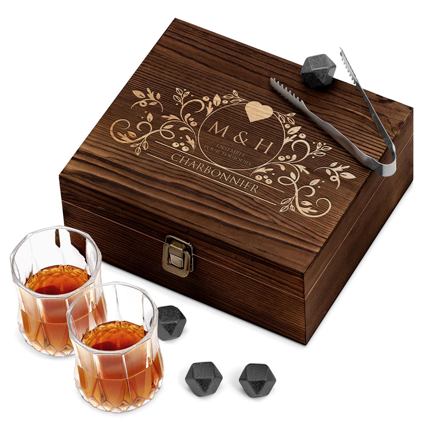 Ensemble de pierres à whisky avec 2 verres dans une boîte avec gravure pour un couple pour l'anniversaire de mariage