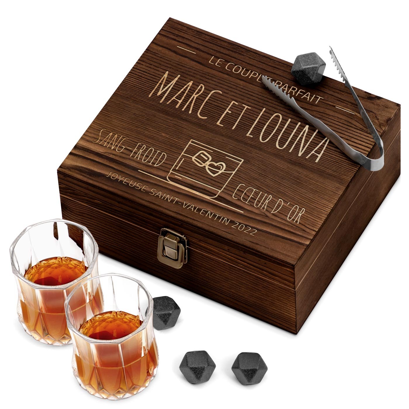 Ensemble de pierres à whisky avec 2 verres dans une boîte personnalisée pour un couple pour la Saint-Valentin