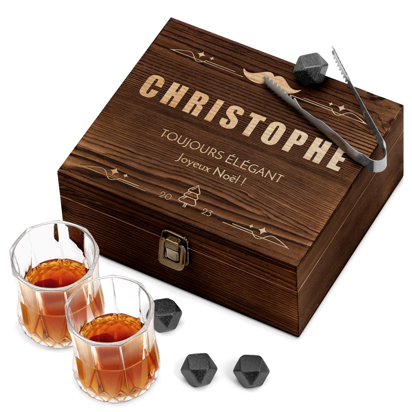 Ensemble de pierres à whisky avec 2 verres dans une boîte avec gravure pour un ami pour Noël
