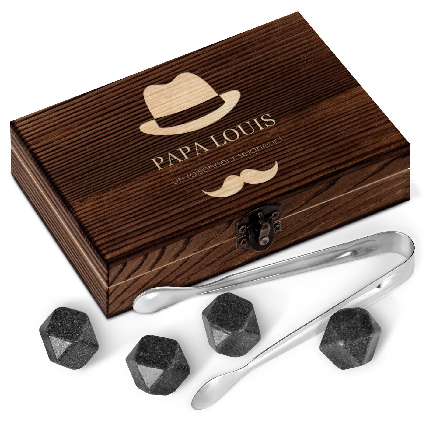 Pierres à whisky dans une boîte en bois personnalisée pour l'anniversaire de papa