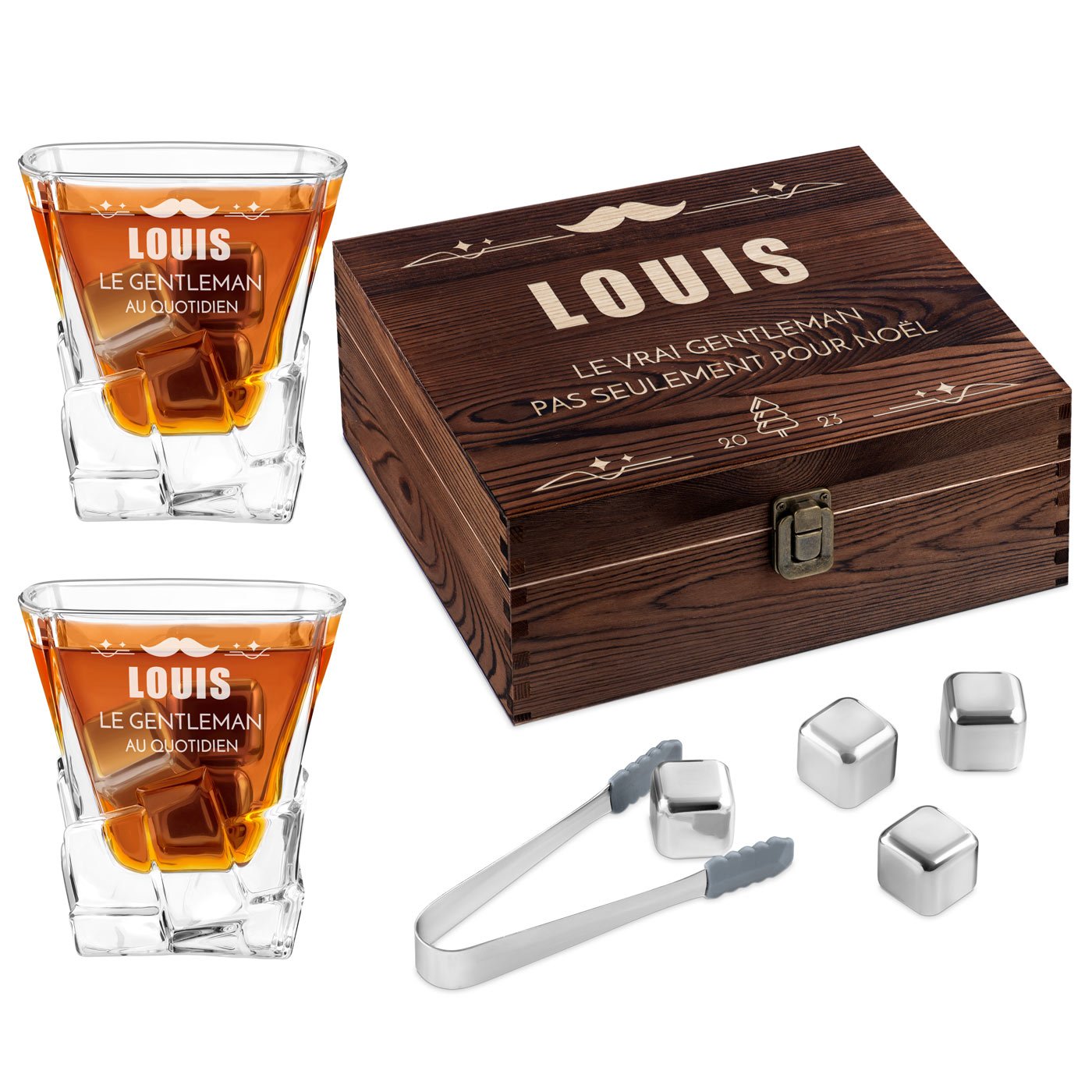 Pierres à whisky avec 2 verres gravés dans une boîte personnalisée pour un homme pour Noël