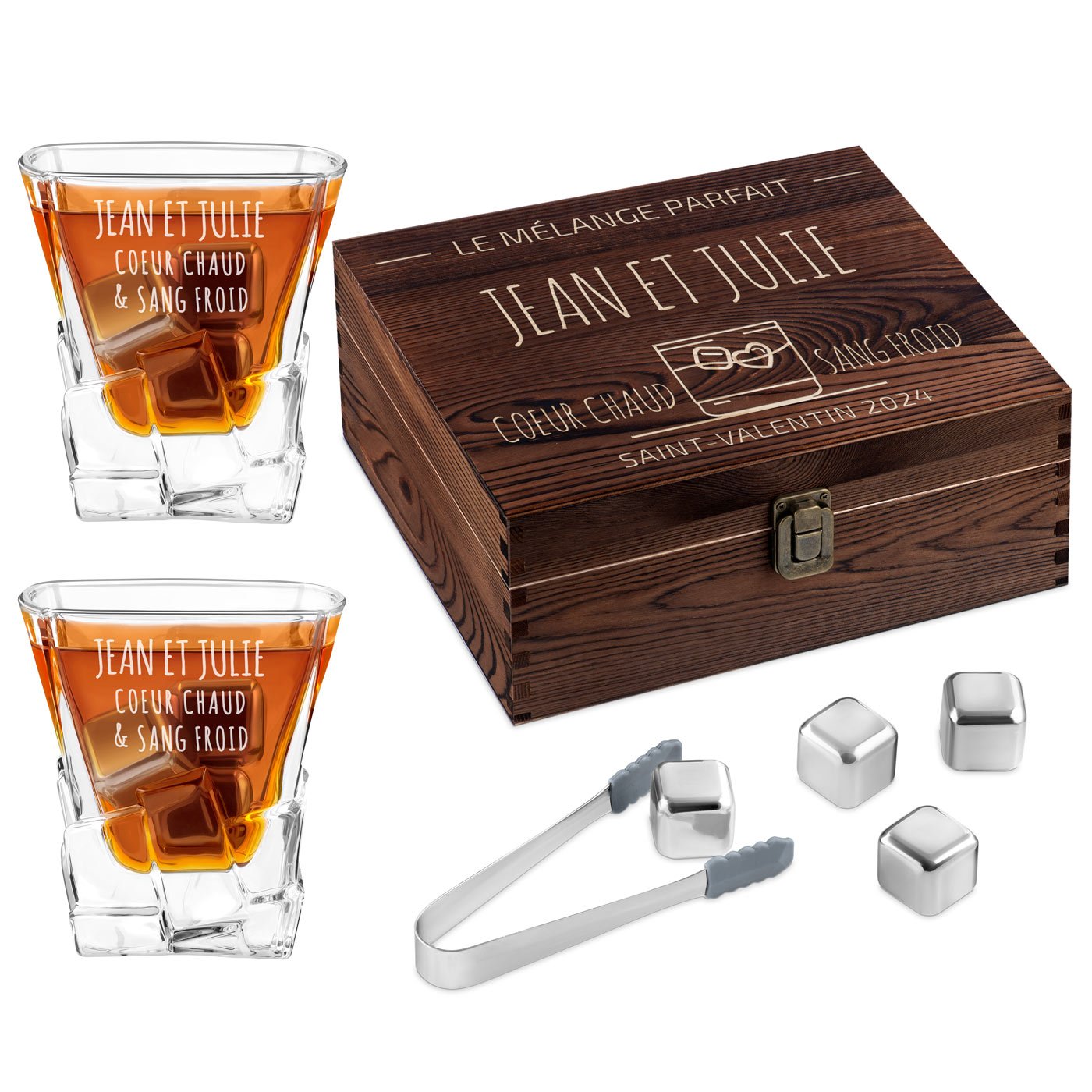Pierres à whisky avec 2 verres gravés dans une boîte personnalisée pour un couple pour la Saint-Valentin