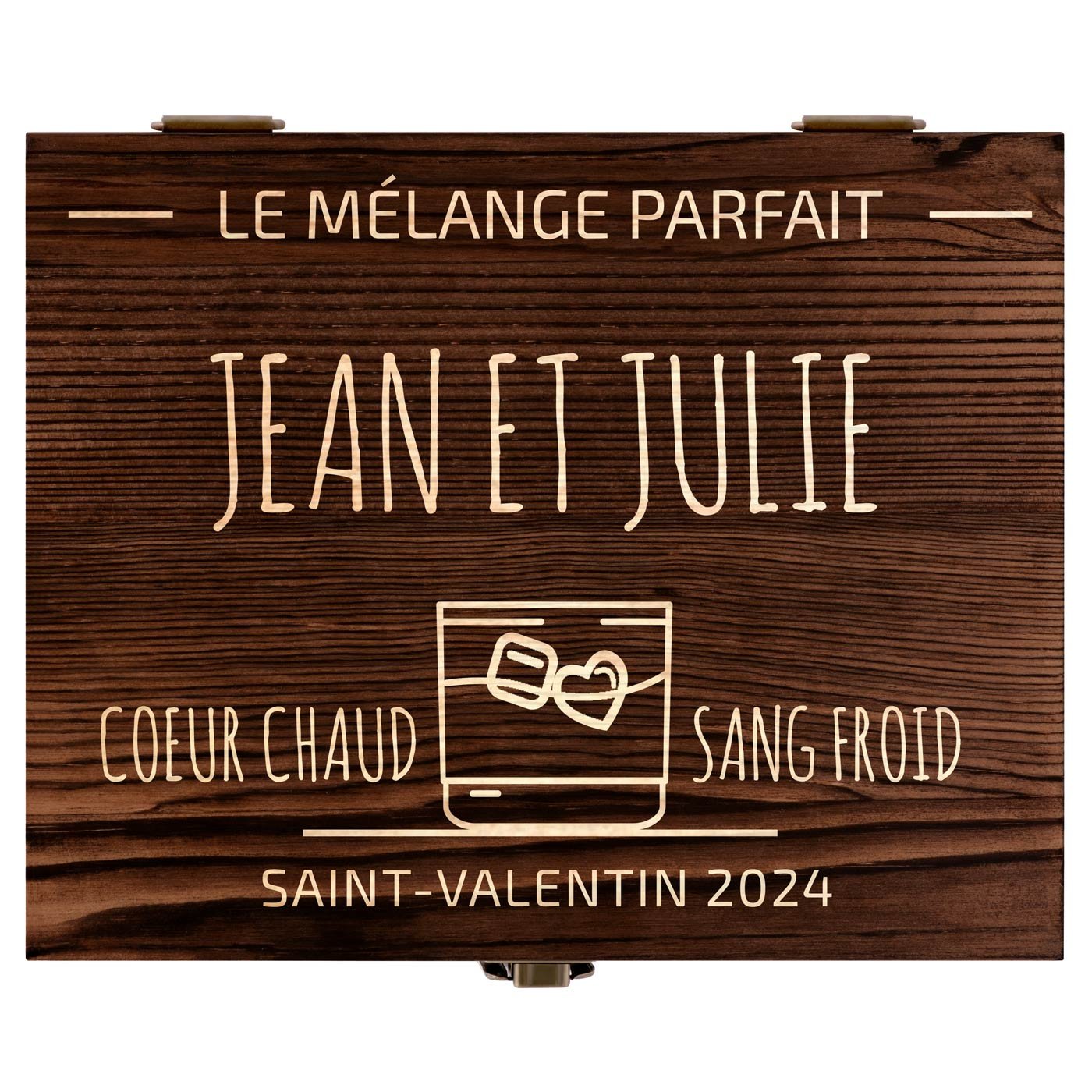 Pierres à whisky avec 2 verres gravés dans une boîte personnalisée pour un couple pour la Saint-Valentin