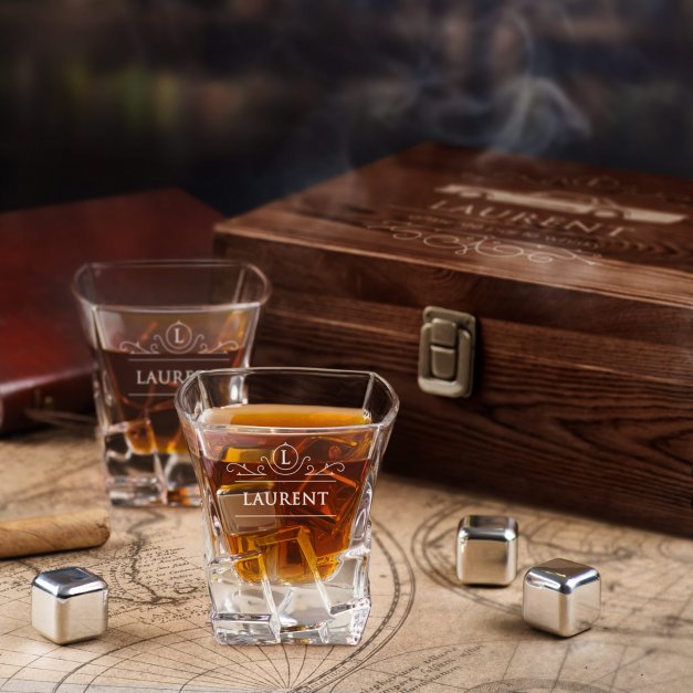 Pierres à whisky avec 2 verres gravés dans une boîte personnalisée pour papa pour son anniversaire