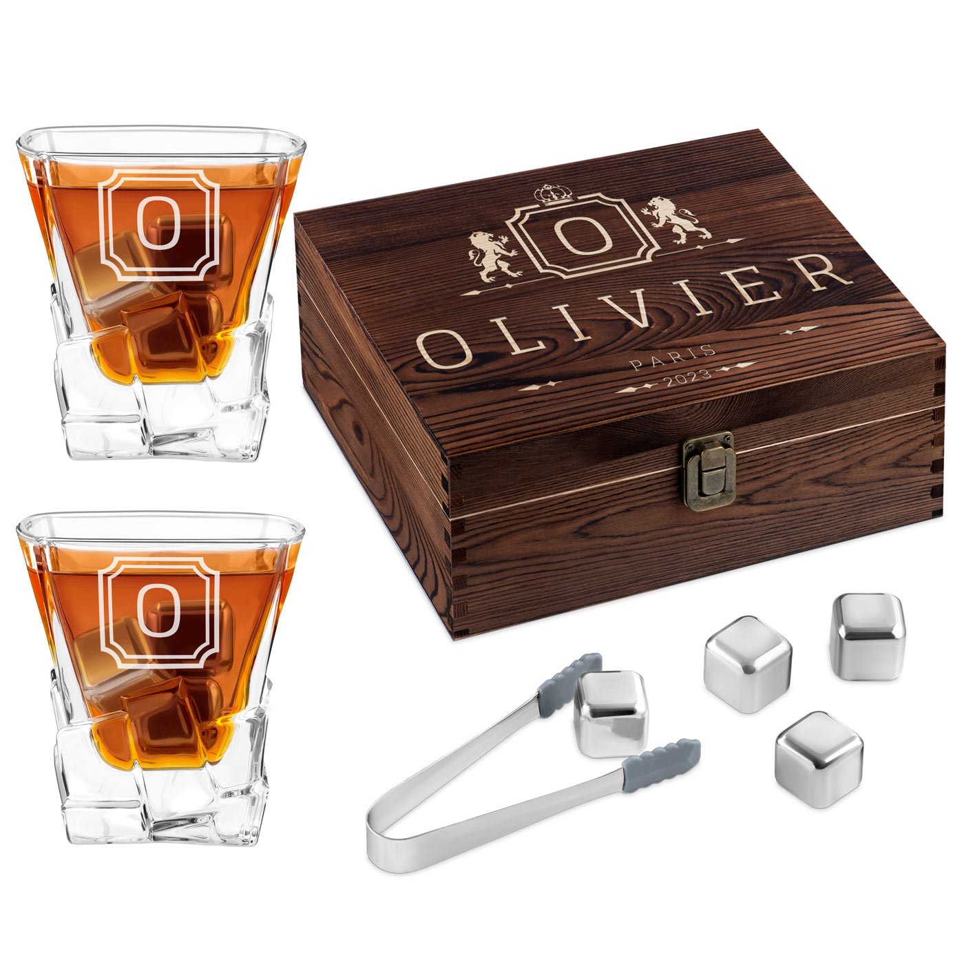 Pierres à whisky avec 2 verres gravés dans une boîte personnalisée pour l'anniversaire d'un copain