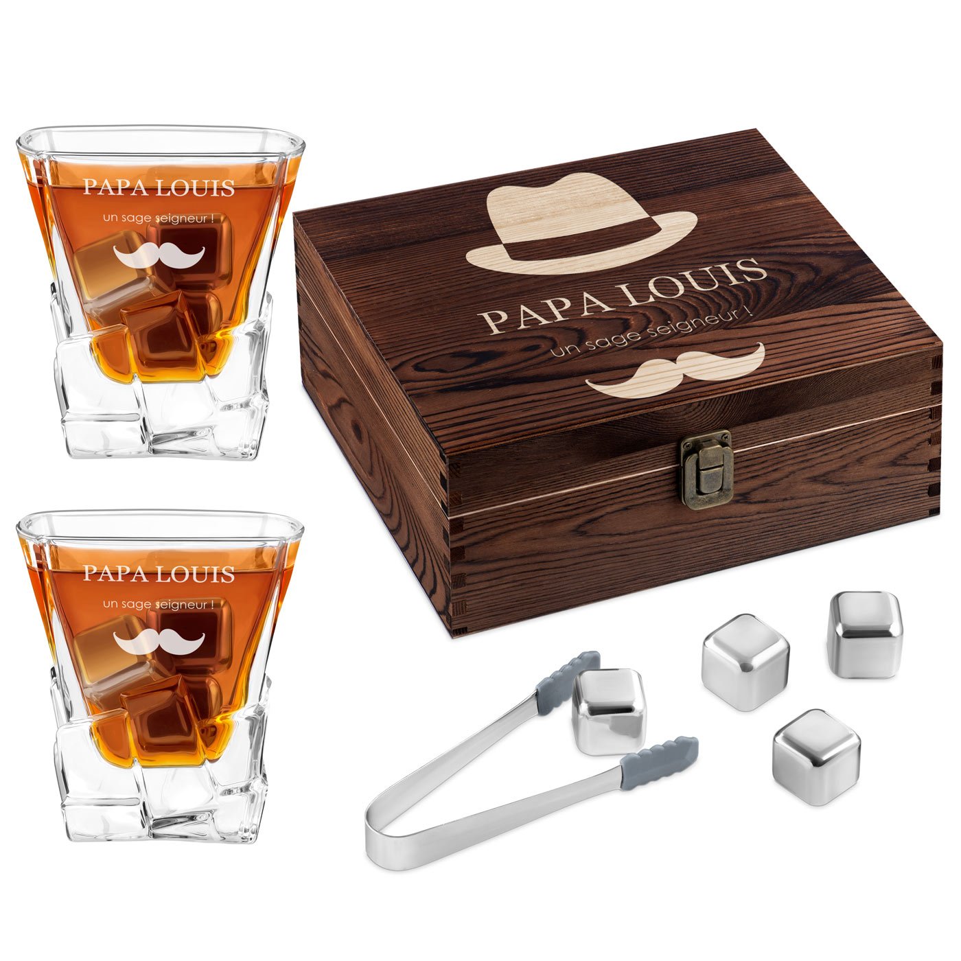 Pierres à whisky avec 2 verres gravés dans une boîte personnalisée pour l'anniversaire de papa