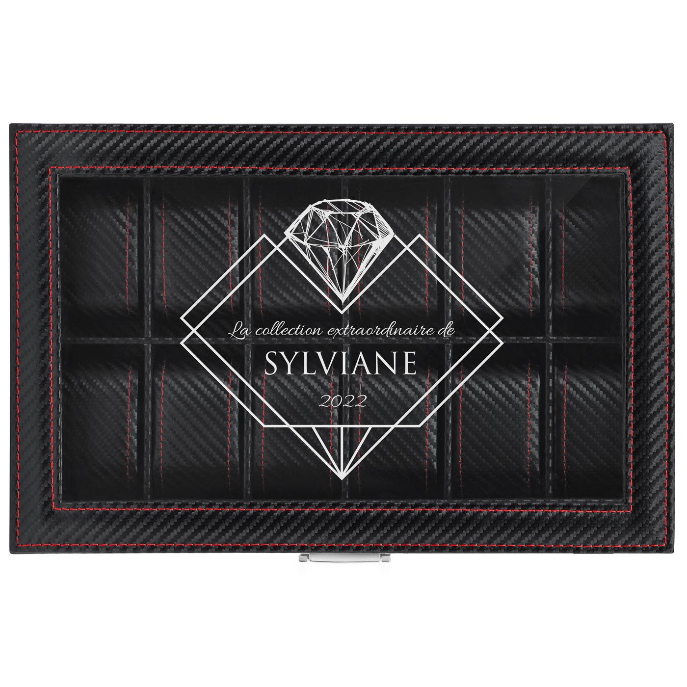 Coffret à montres noir carbone personnalisé pour l'anniversaire d'une femme