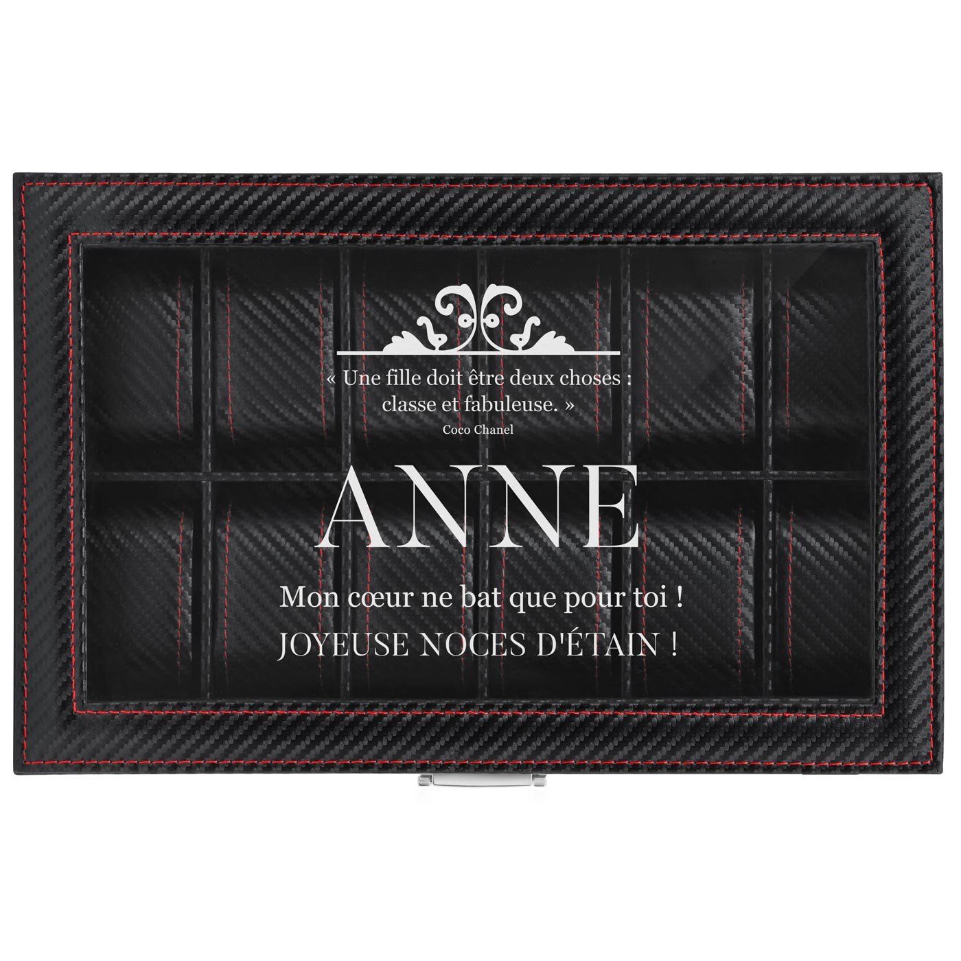 Coffret à montres noir carbone avec gravure pour une femme pour les noces d'étain