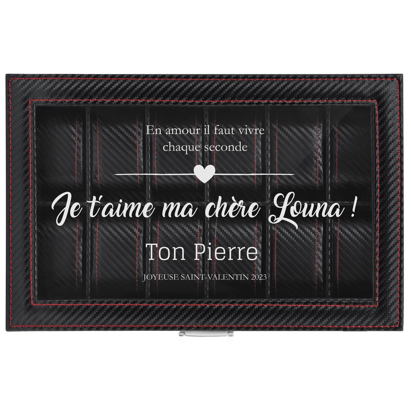 Coffret à montres noir carbone avec gravure pour elle pour la Saint-Valentin