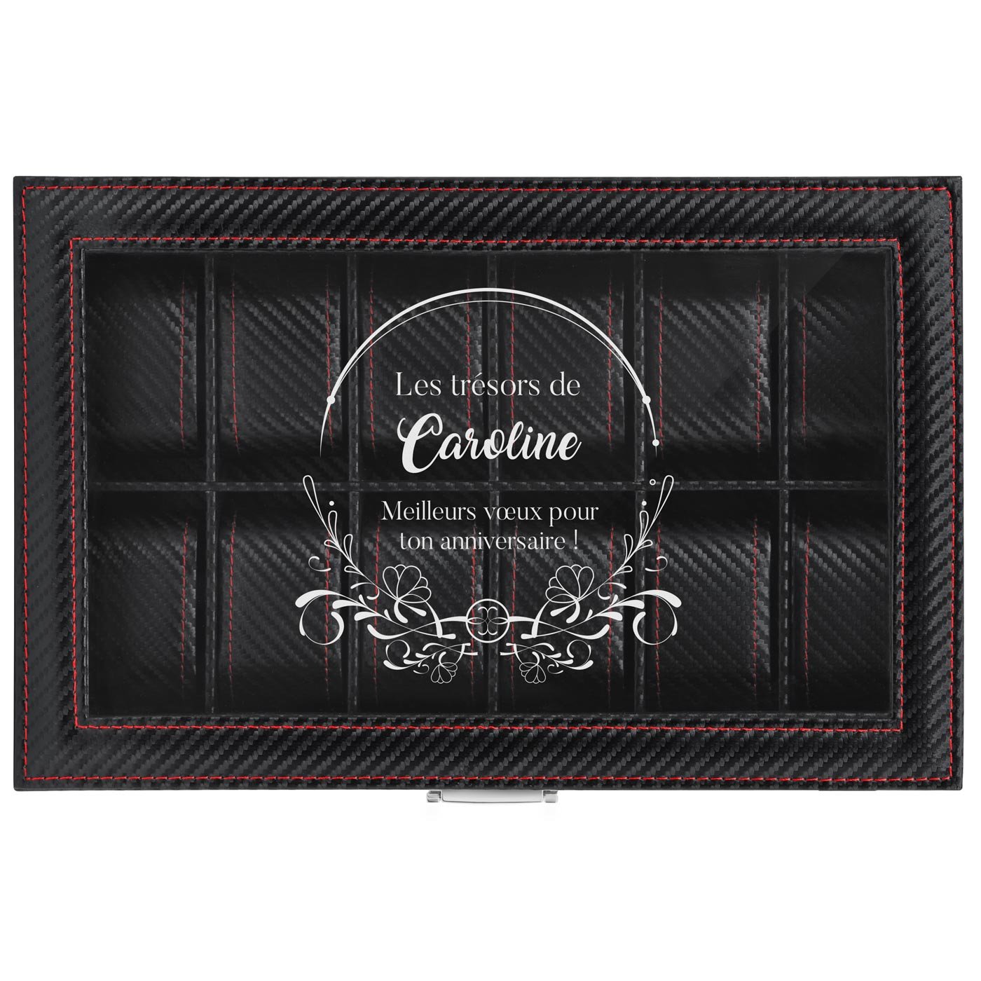 Coffret à montres noir carbone avec gravure pour l'anniversaire d'une épouse