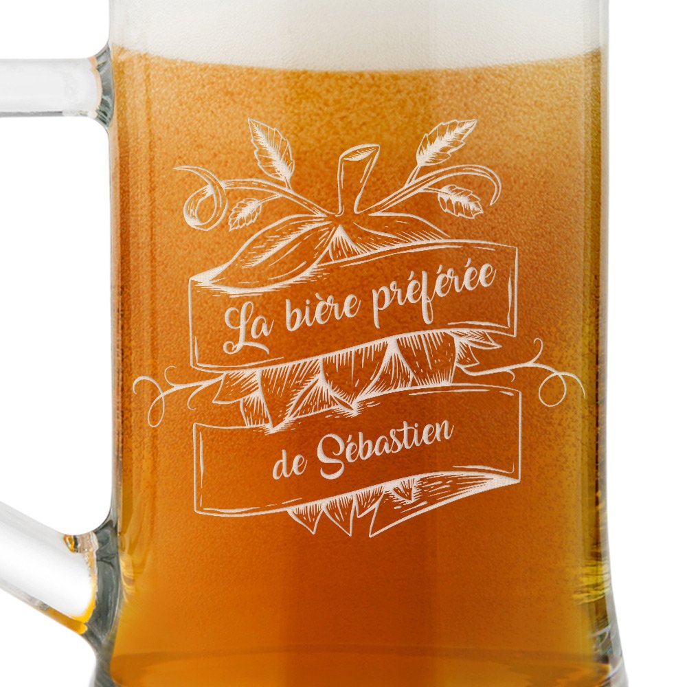 Chope en verre à bière avec gravure pour lui bière préférée