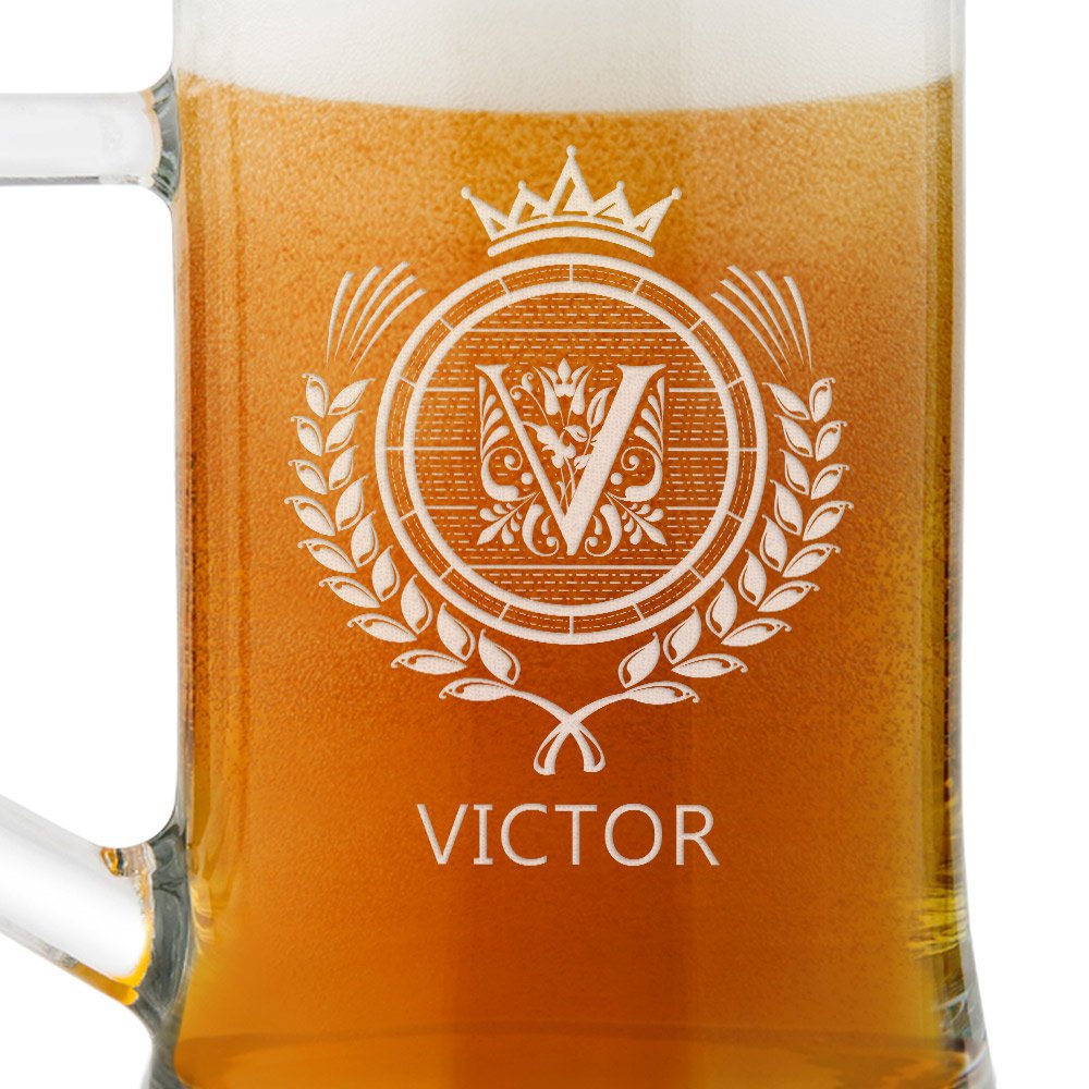 Chope en verre à bière avec gravure pour lui avec ornement