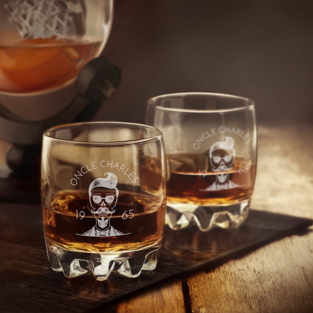 Carafe à whisky Globe et 6 verres avec gravure pour oncle