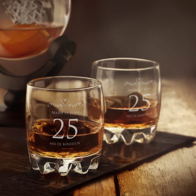Carafe Globe et 6 verres avec gravure pour couple pour 25e anniversaire de mariage