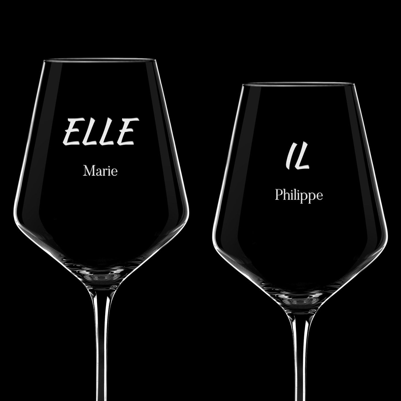 2 verres à vin AVANT-GARDE avec gravure pour elle et pour lui