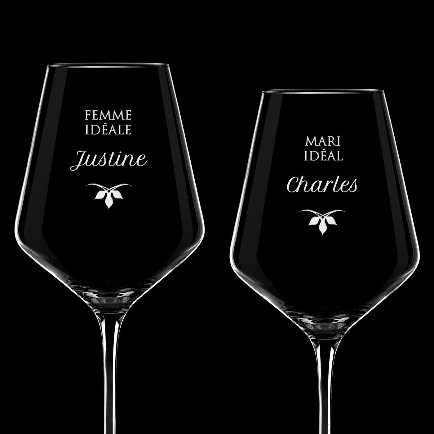 2 verres à vin AVANT-GARDE avec gravure pour mari et femme