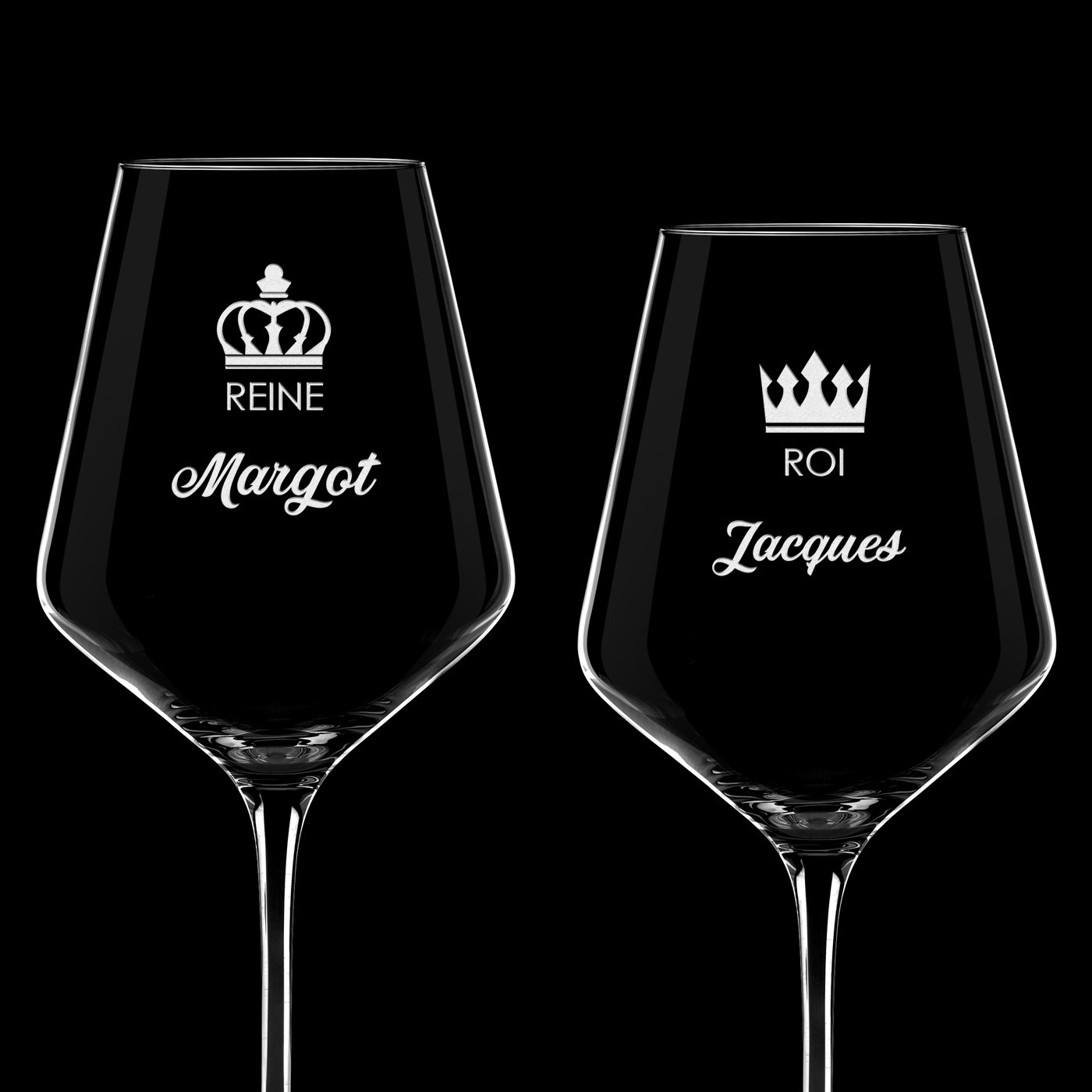 2 verres à vin AVANT-GARDE avec gravure pour le roi et la reine de la fête