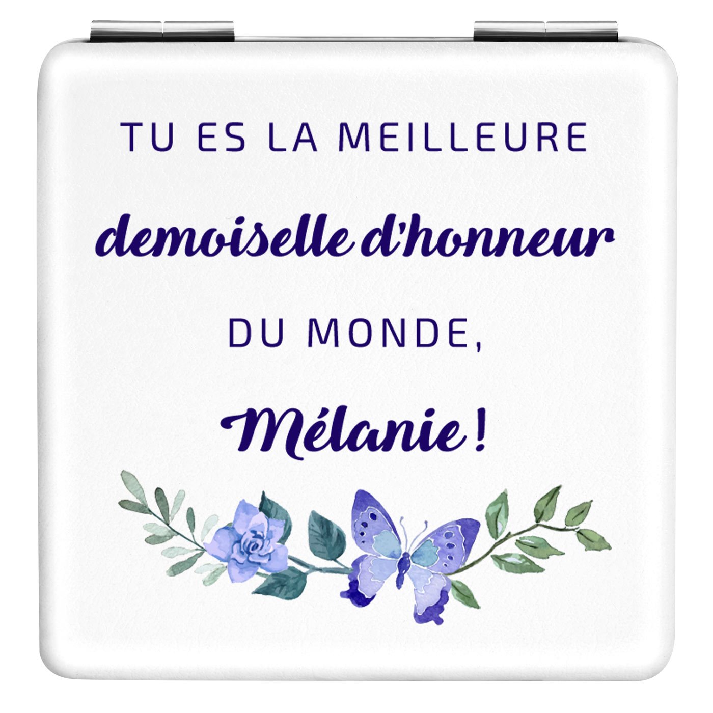Miroir de poche carré blanc avec impression pour une demoiselle d'honneur