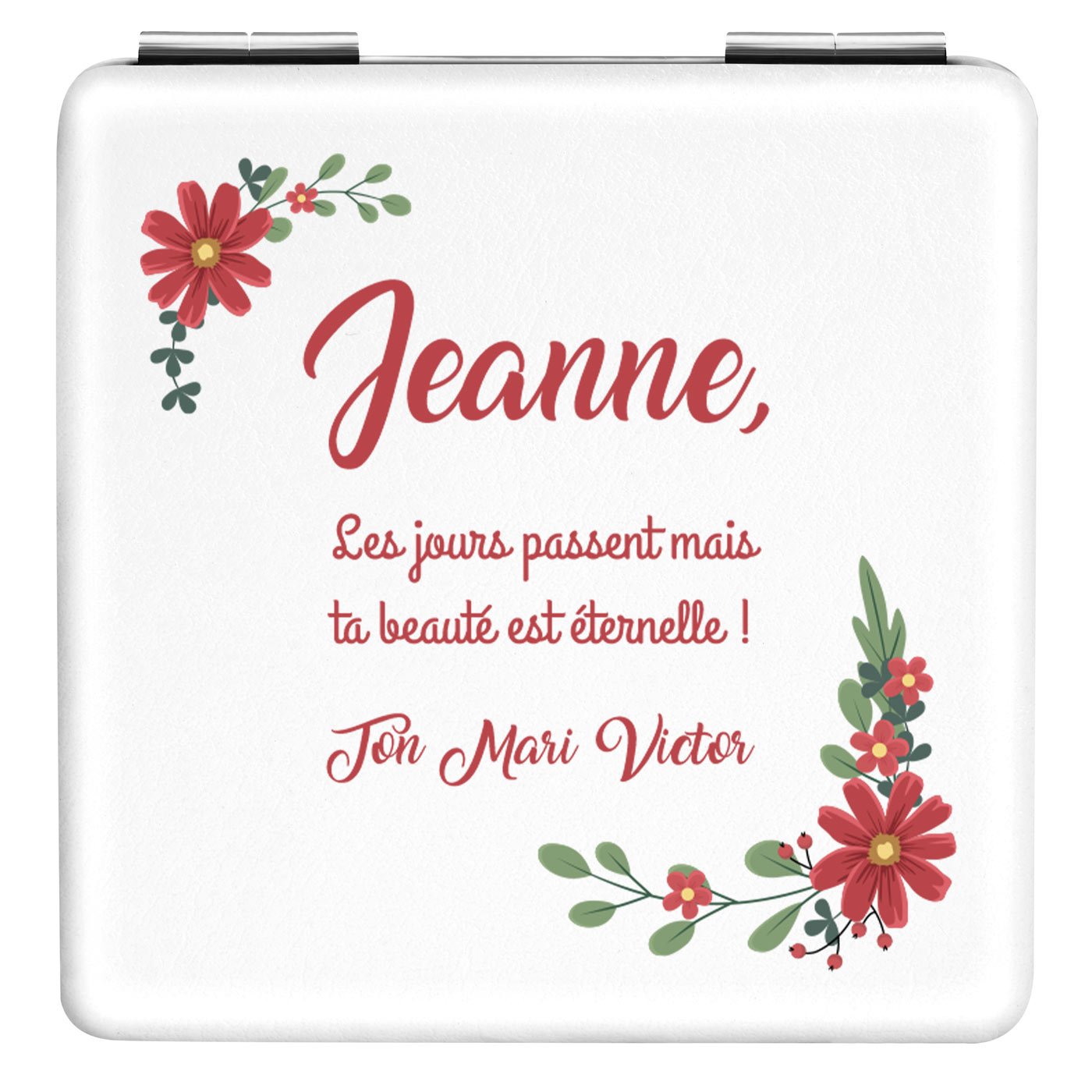 Miroir de poche carré blanc avec impression pour une femme pour l'anniversaire de mariage