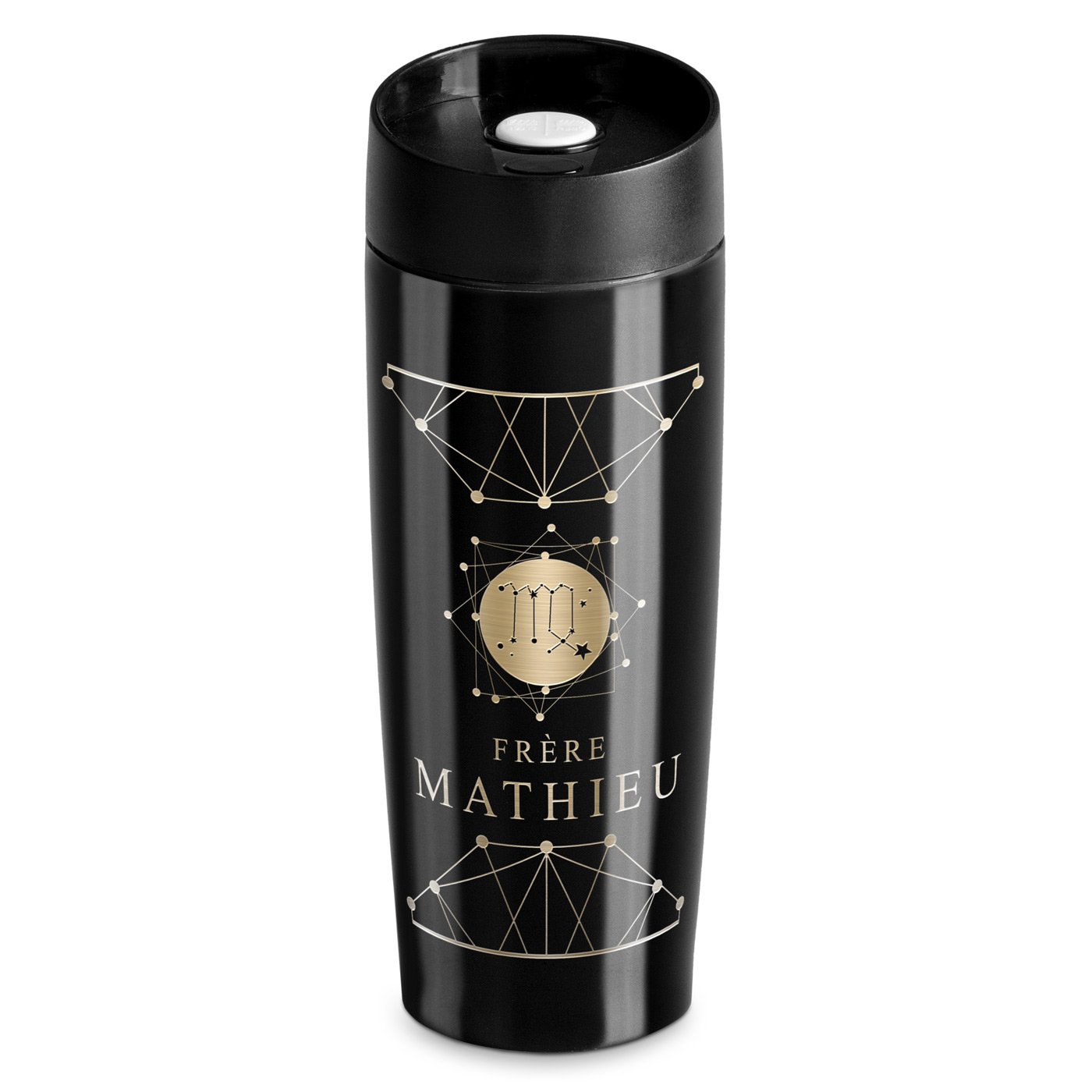 Mug thermos noir personnalisé avec fermeture Quick-Press pour l'anniversaire d'un frère