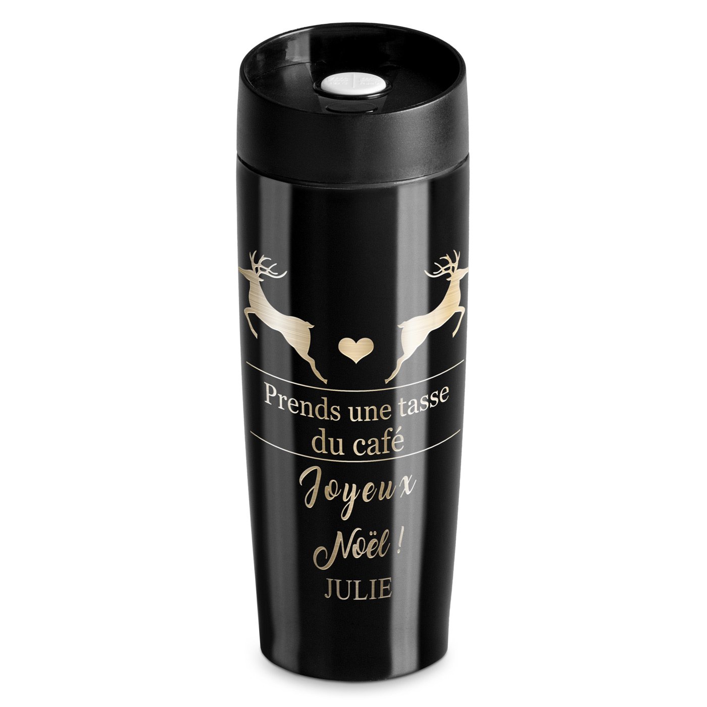 Mug isotherme noir avec gravure avec fermeture Quick-Press pour une amie pour Noël