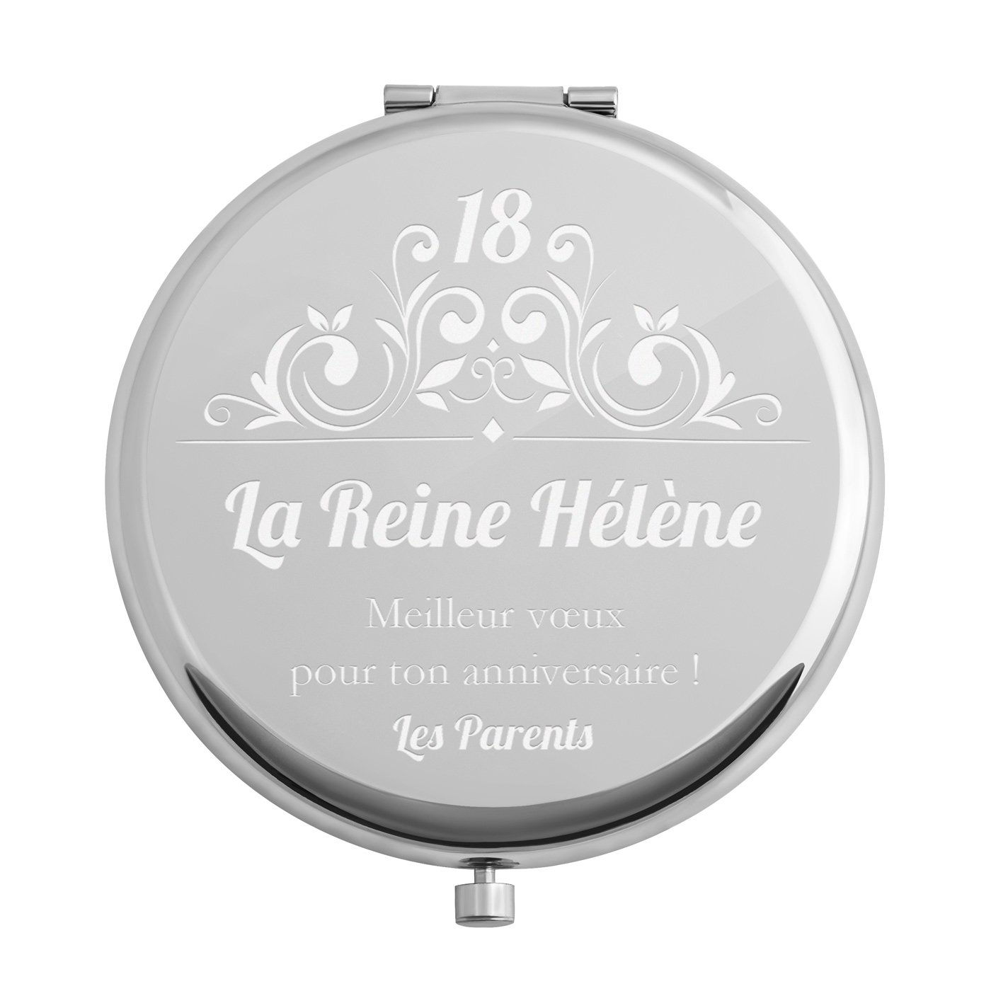 Miroir de poche rond personnalisé de couleur argent pour une jeune fille pour ses 18 ans