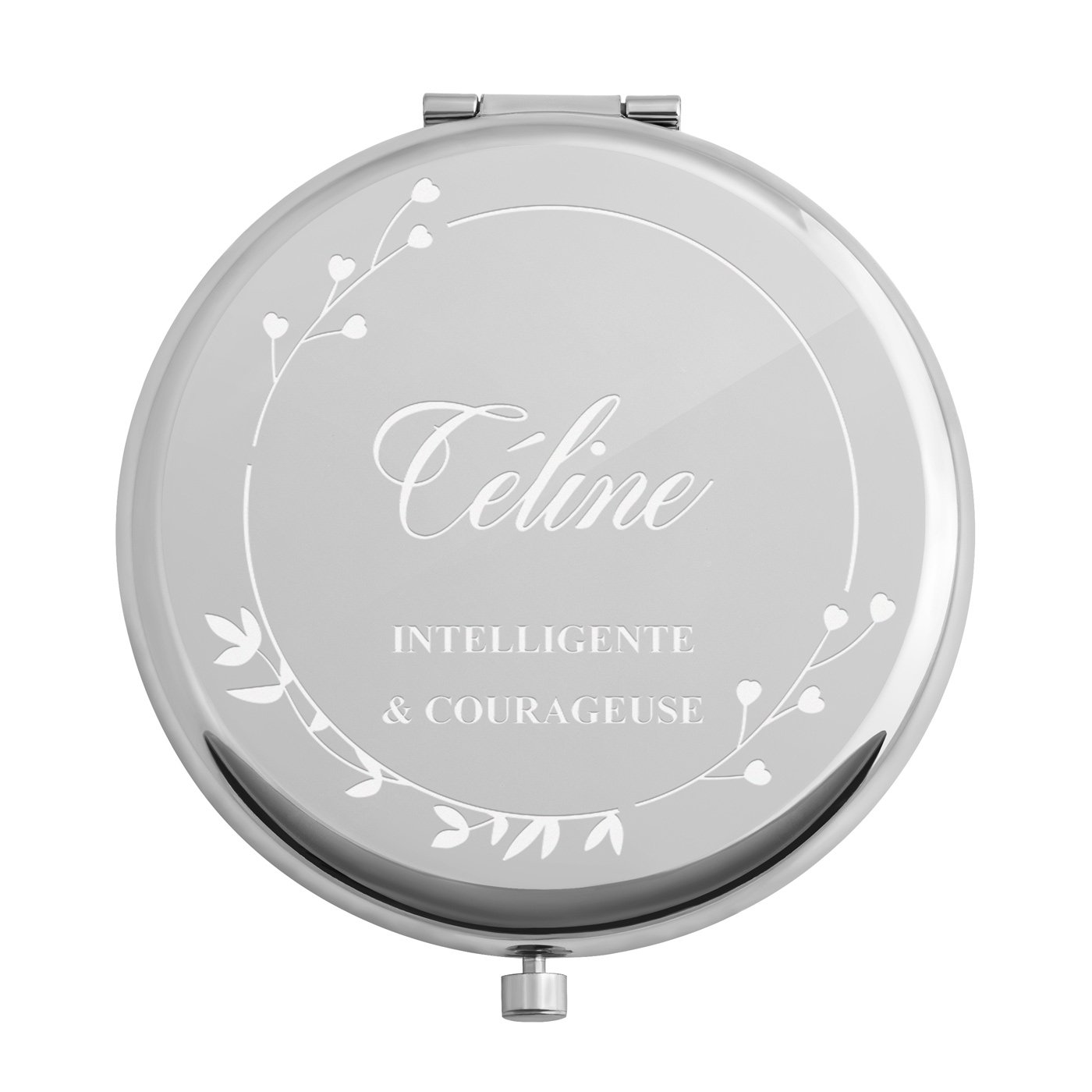 Miroir de poche rond de couleur argent avec gravure pour l'anniversaire d'une jeune fille