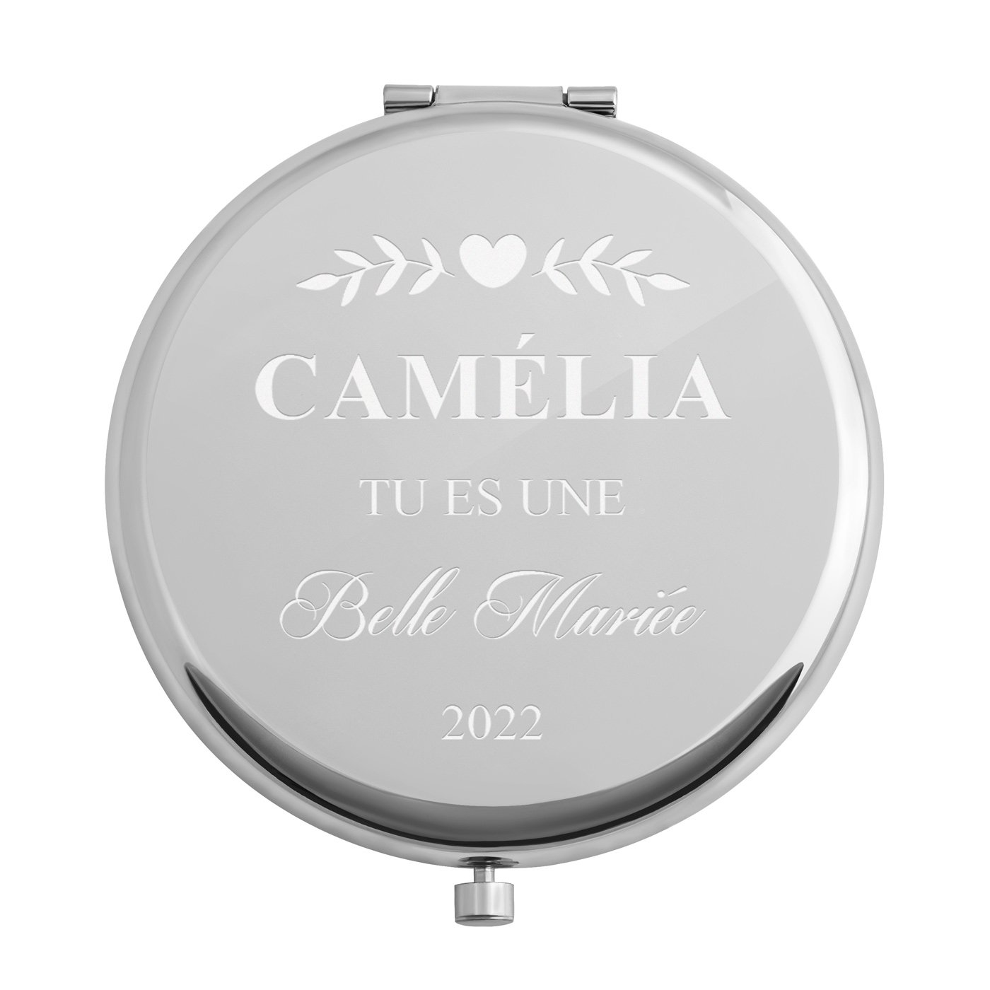 Miroir de poche rond personnalisé de couleur argent pour la mariée