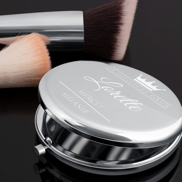 Miroir de poche rond de couleur argent avec gravure pour l’anniversaire d'une meilleure sœur
