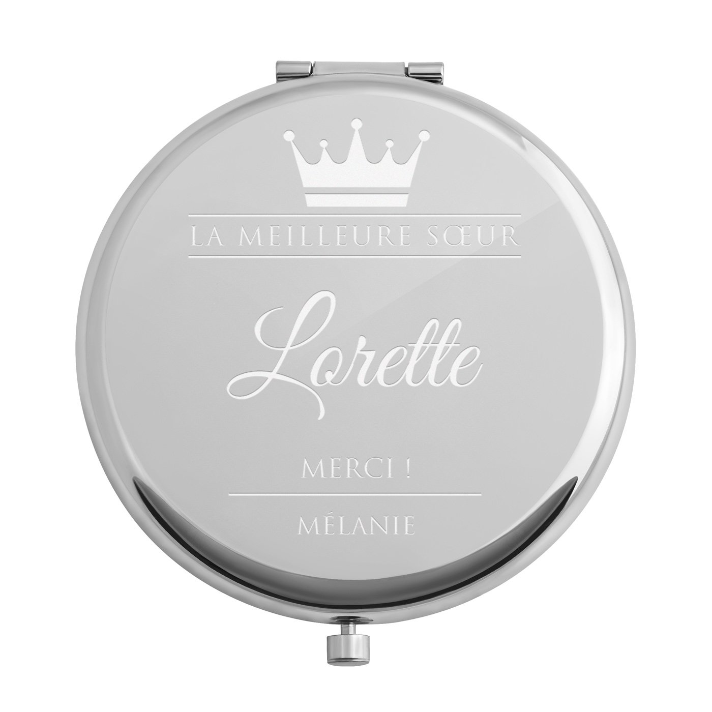 Miroir de poche rond de couleur argent avec gravure pour l’anniversaire d'une meilleure sœur