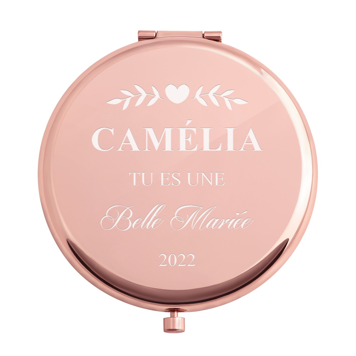 Miroir de poche rond personnalisé de couleur or rose pour une mariée