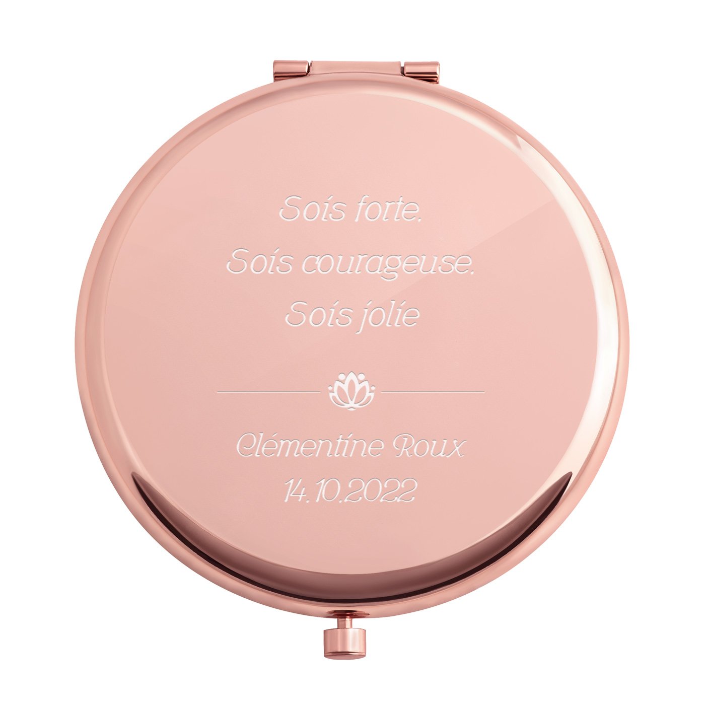 Miroir de poche rond de couleur or rose avec gravure pour une prof