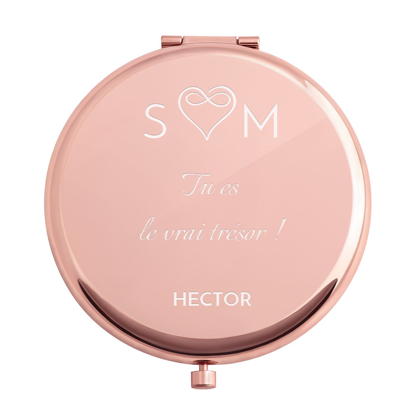 Miroir de poche rond de couleur or rose avec gravure pour une épouse pour l'anniversaire de mariage