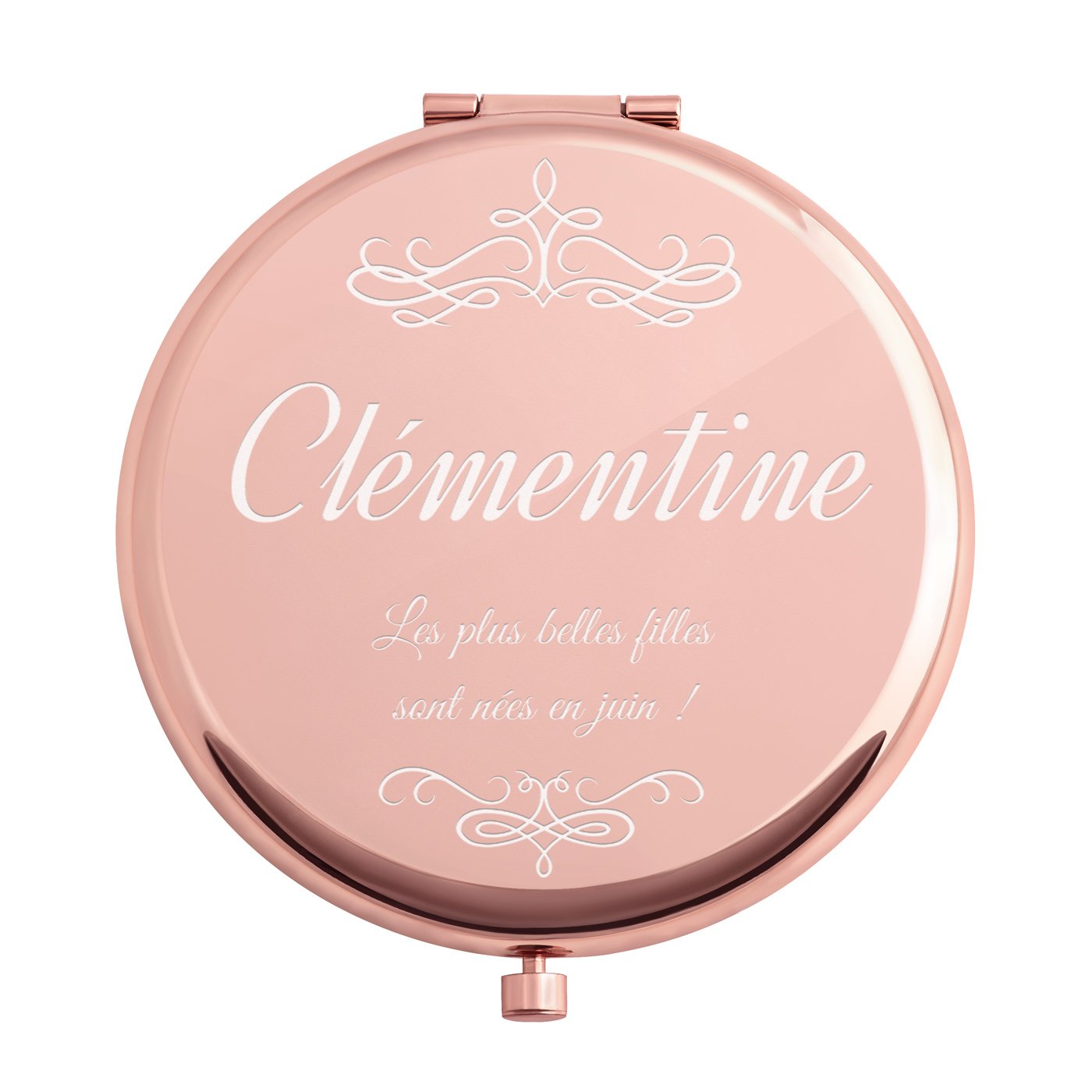Miroir de poche rond de couleur or rose avec gravure pour l'anniversaire d'une jeune fille