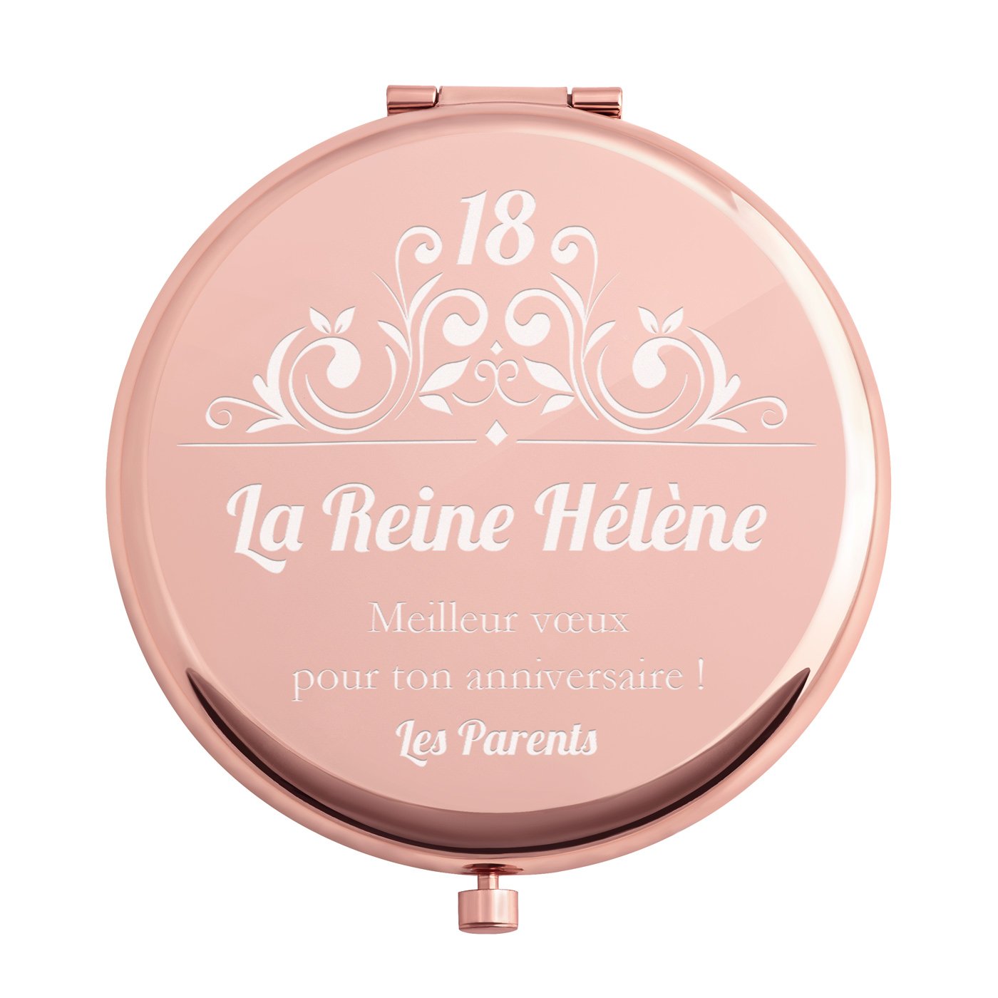 Miroir de poche rond personnalisé de couleur or rose pour une fille pour ses 18 ans