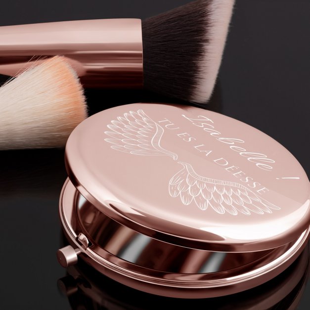 Miroir de poche rond de couleur or rose avec gravure pour l'anniversaire d'une femme