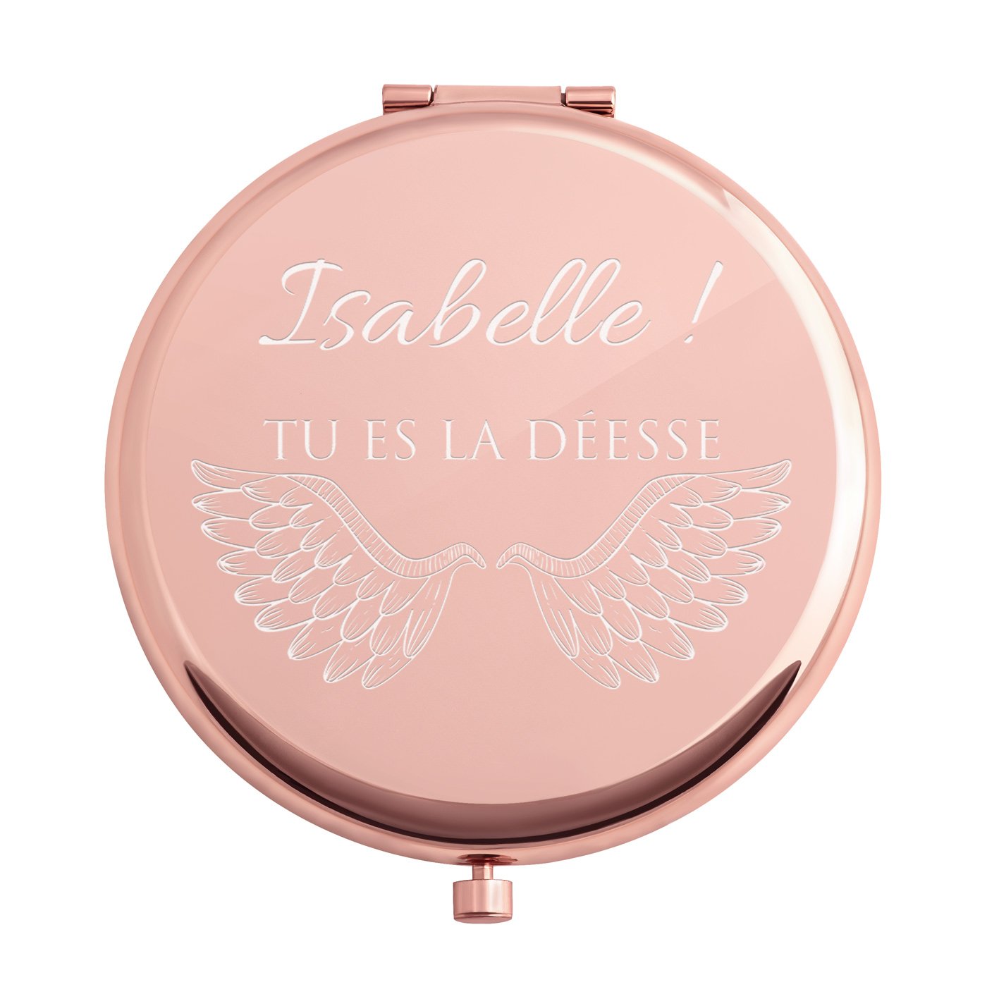 Miroir de poche rond de couleur or rose avec gravure pour l'anniversaire d'une femme