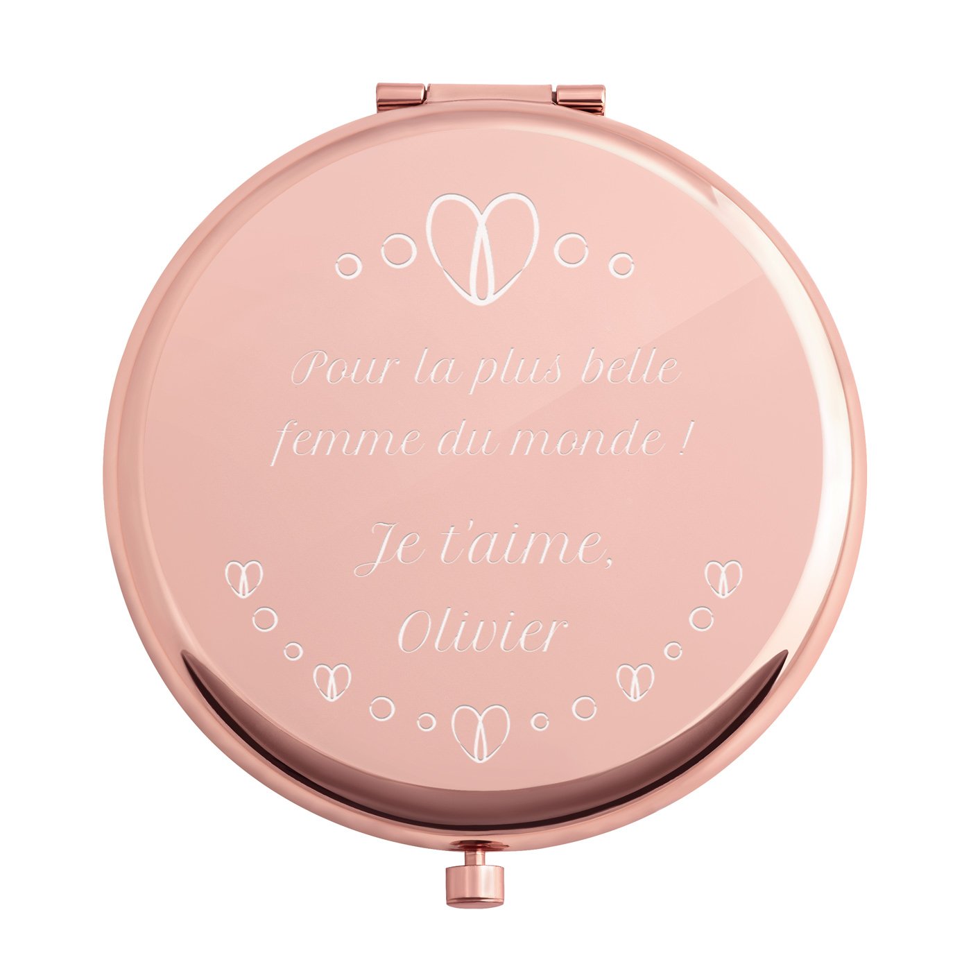 Miroir de poche rond de couleur or rose avec gravure pour une femme pour la Saint-Valentin