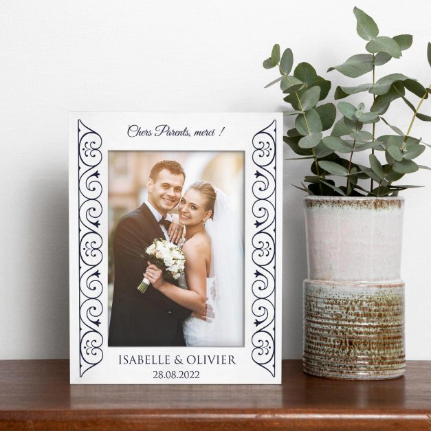 Cadre photo personnalisé en bois blanc pour parents remerciement de mariage
