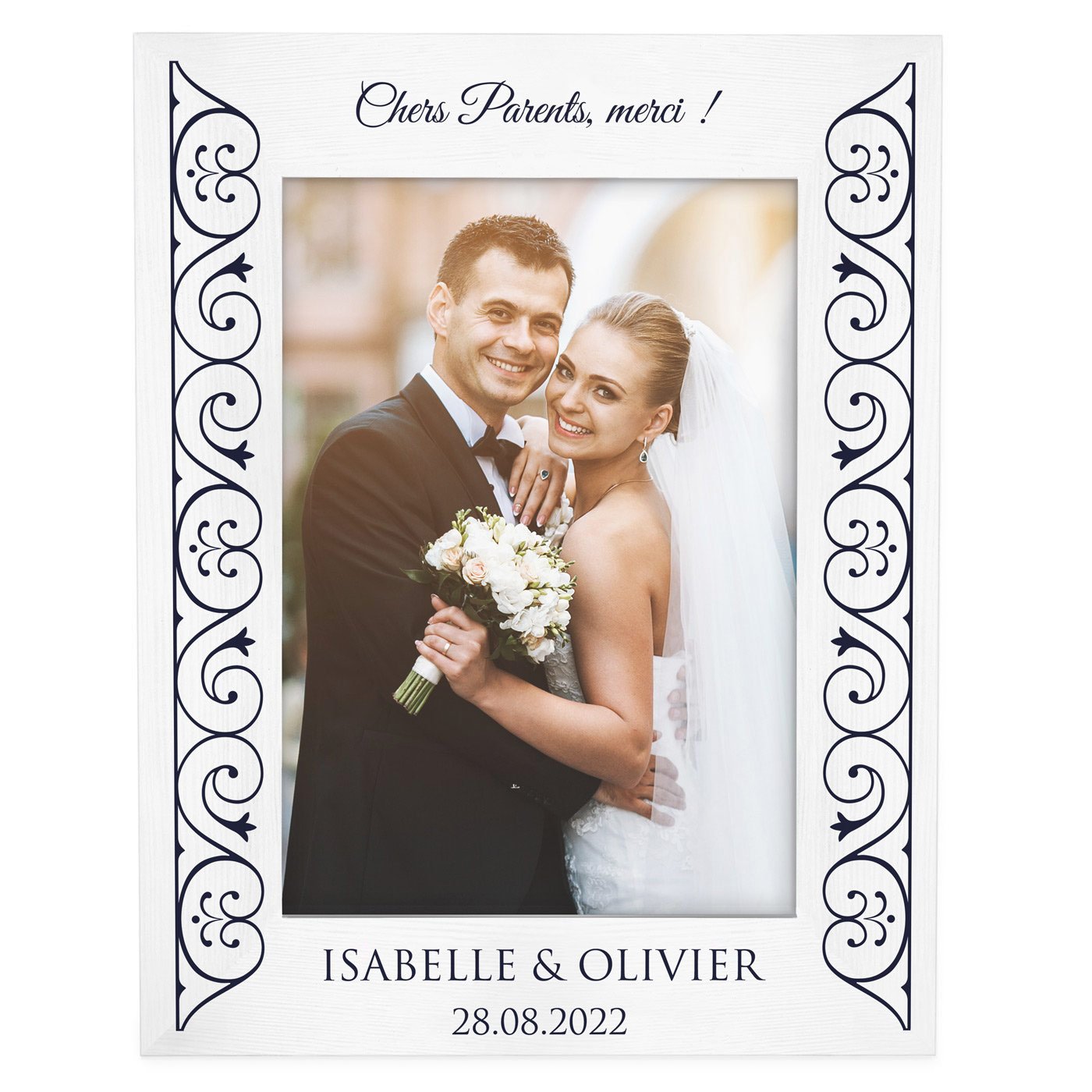 Cadre photo personnalisé en bois blanc pour parents remerciement de mariage