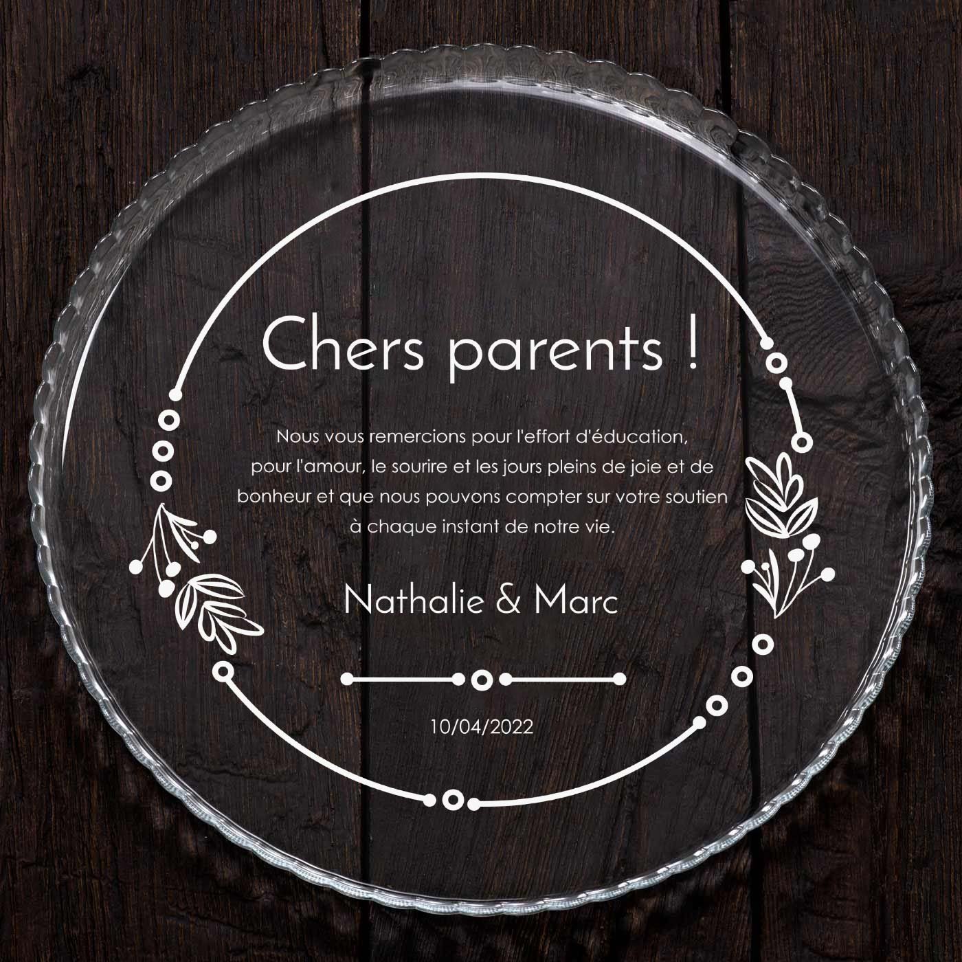Présentoir à gâteau en verre personnalisé pour parents pour remerciement de mariage
