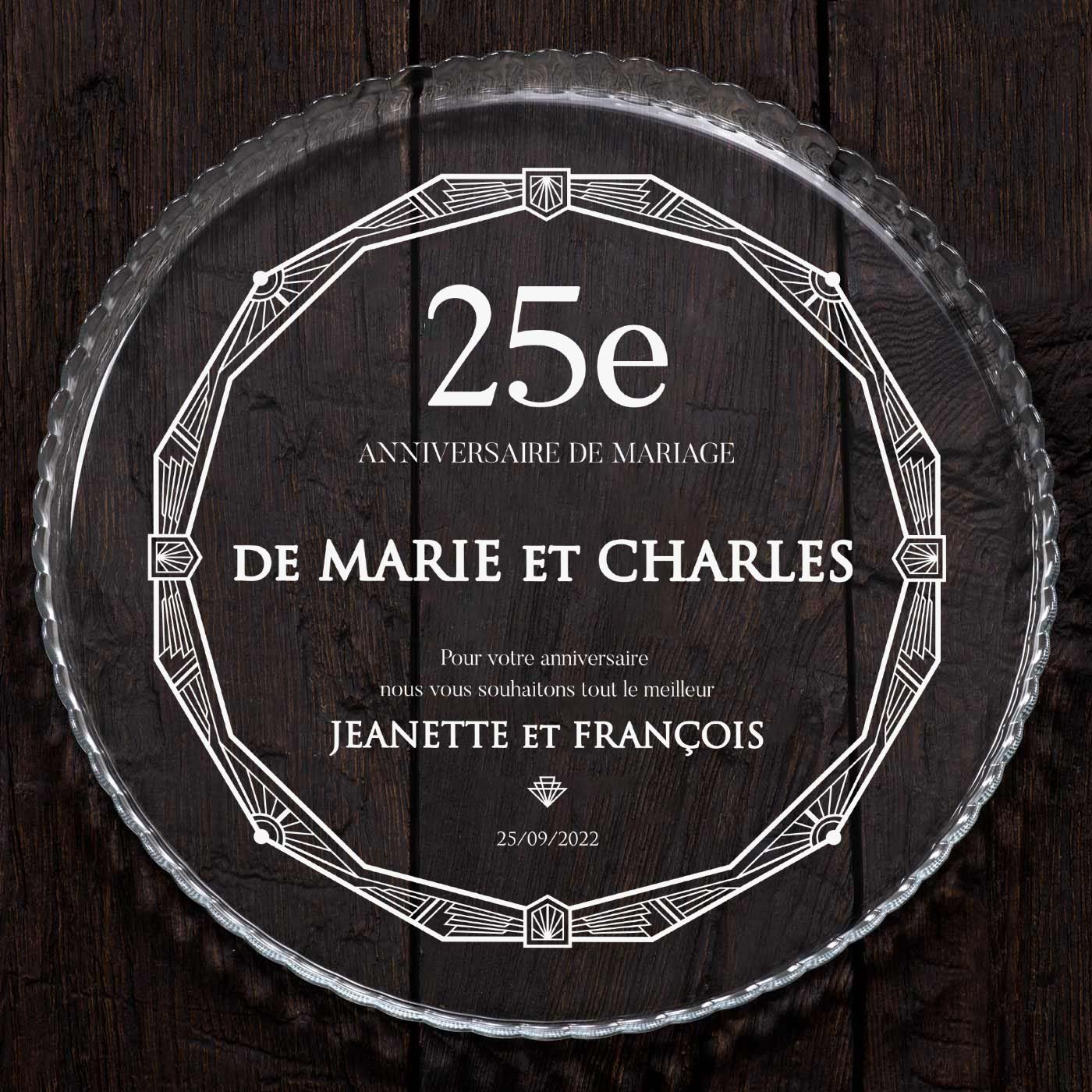 Présentoir à gâteau en verre avec gravure pour un couple pour 25 ans de mariage
