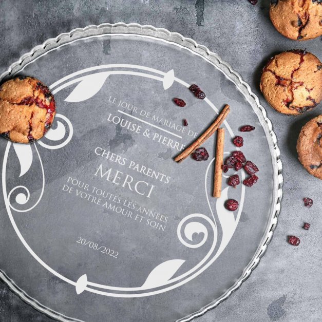 Présentoir à gâteau en verre avec gravure pour papa et maman pour remerciement de mariage