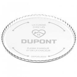 Présentoir à gâteau en verre avec gravure pour des amis pour une crémaillère