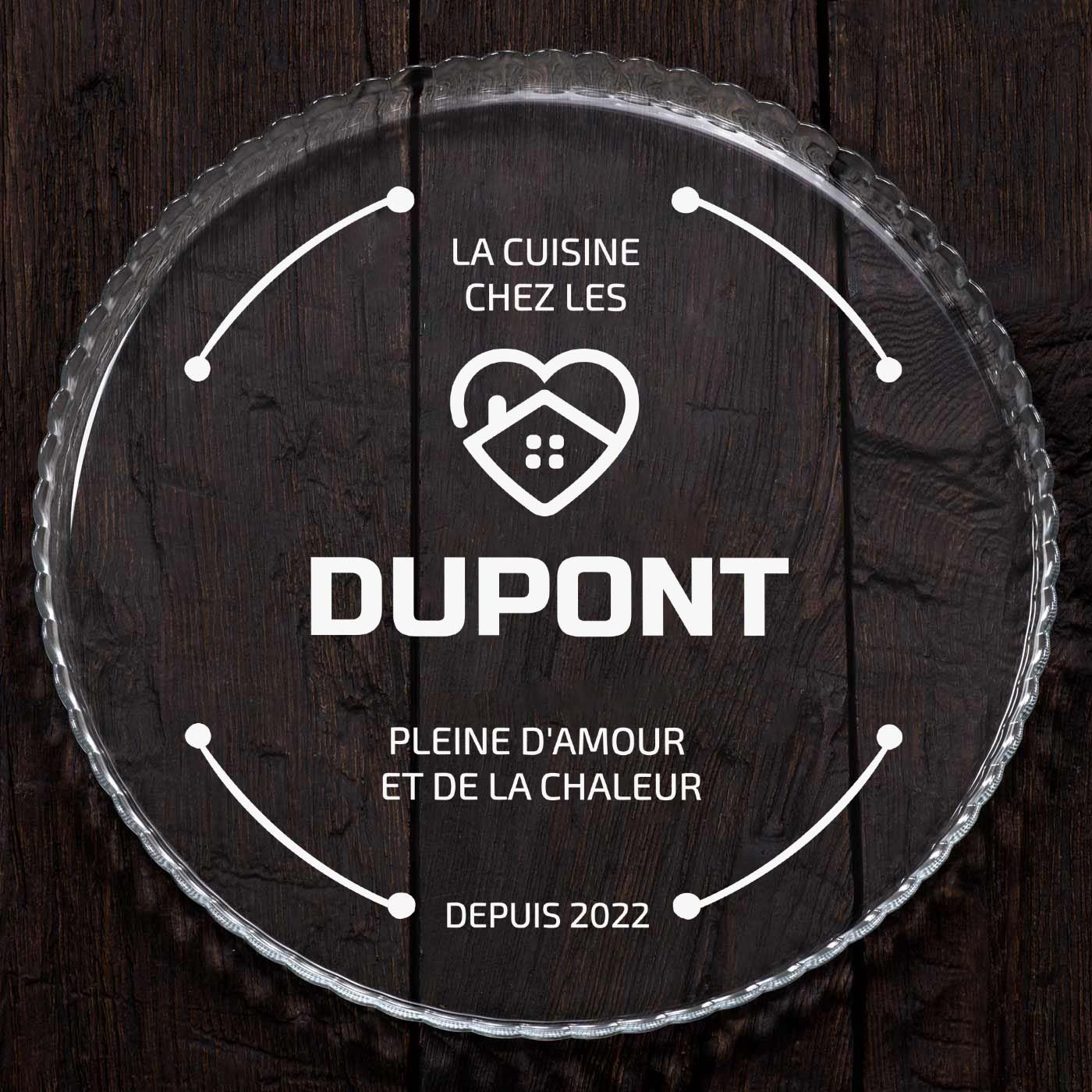 Présentoir à gâteau en verre avec gravure pour des amis pour une crémaillère