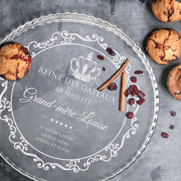 Présentoir à gâteau en verre avec gravure pour la fête des grands-mères