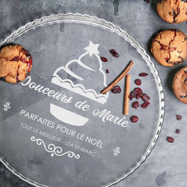 Présentoir à gâteau en verre avec gravure pour maman pour Noël