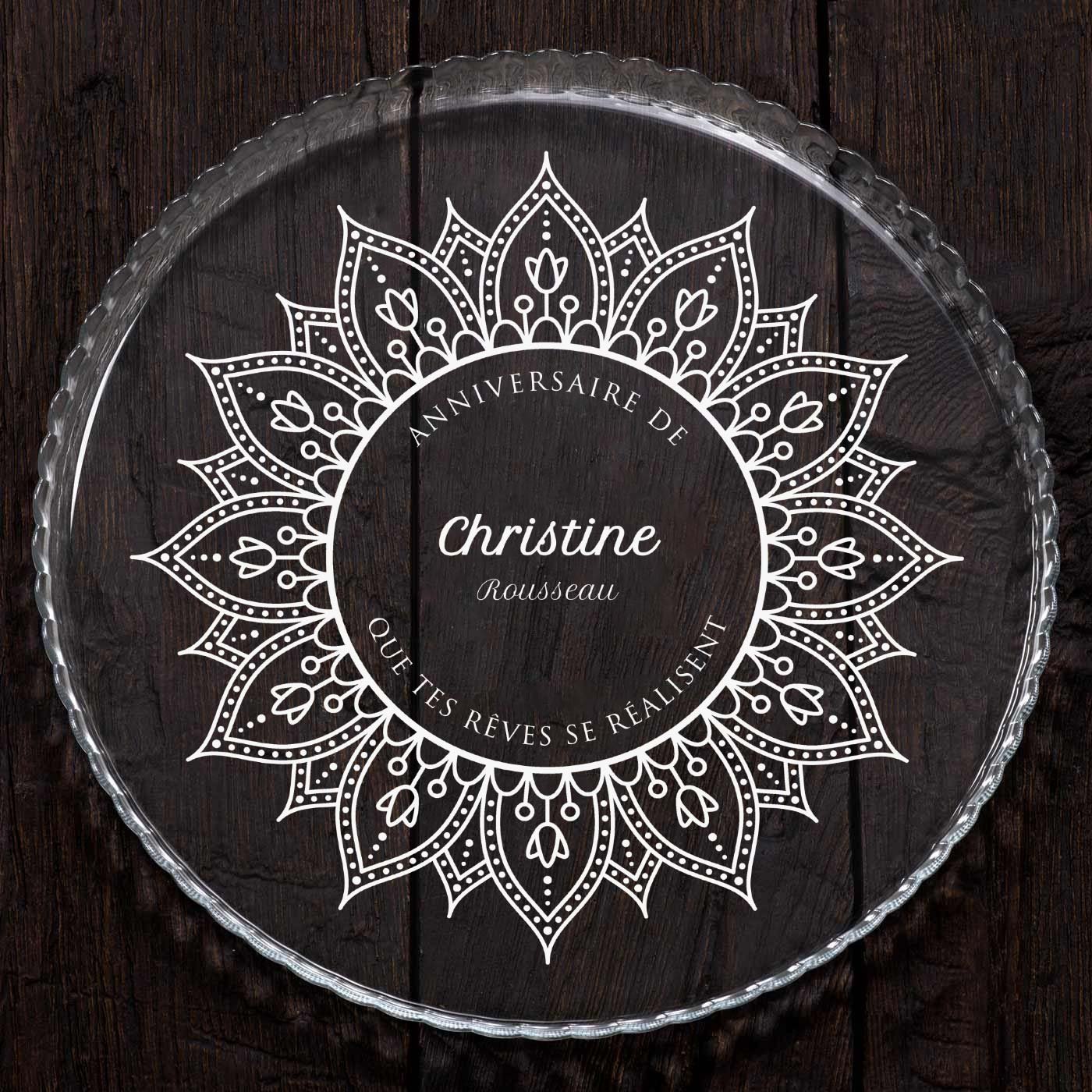 Présentoir à gâteau en verre personnalisé pour marraine pour son anniversaire