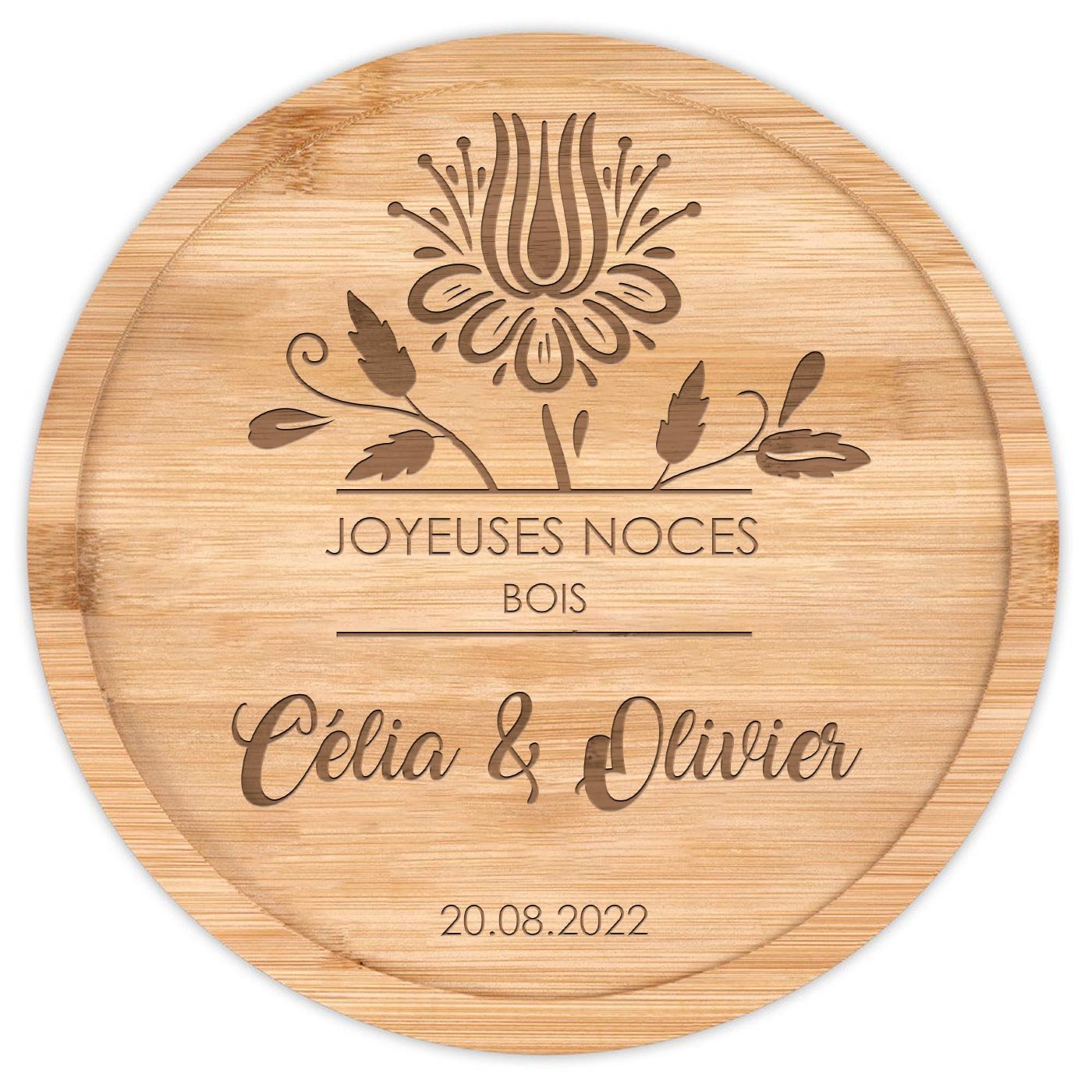 Plateau à fromage en bois avec gravure pour un couple pour noces de bois