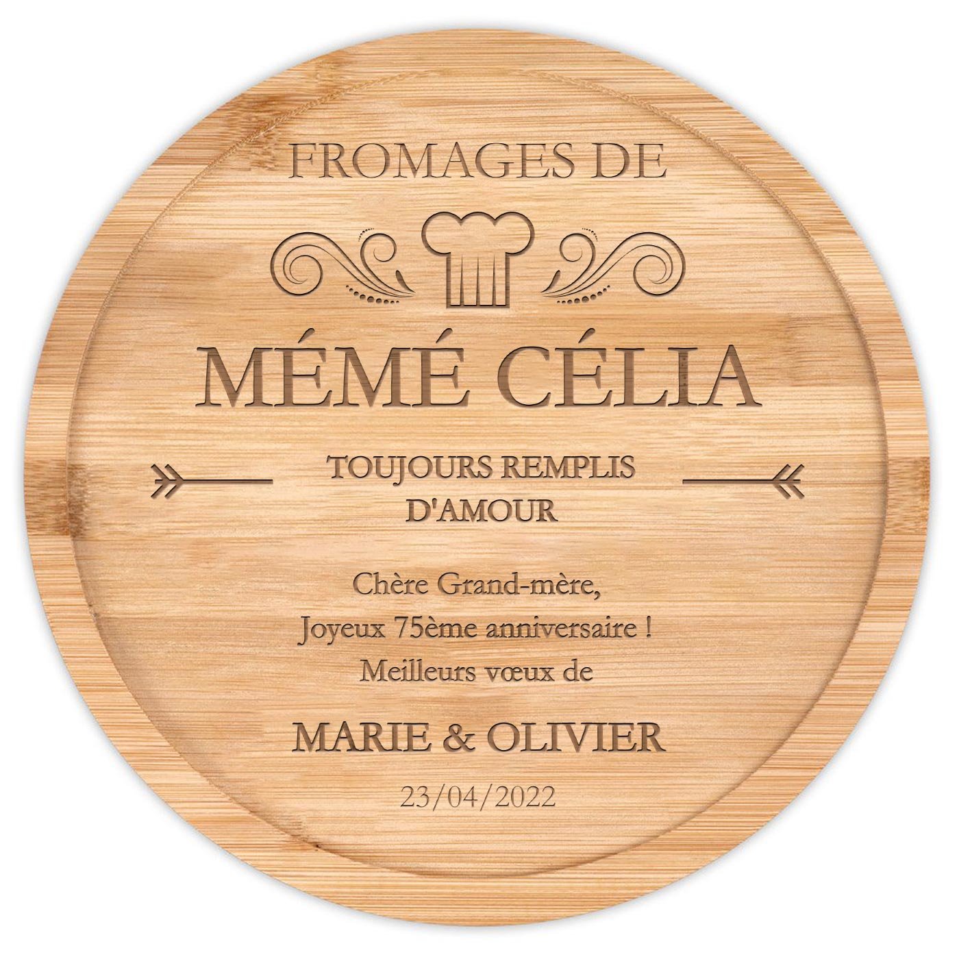 Plateau à fromage en bois avec gravure pour l'anniversaire de grand-mère